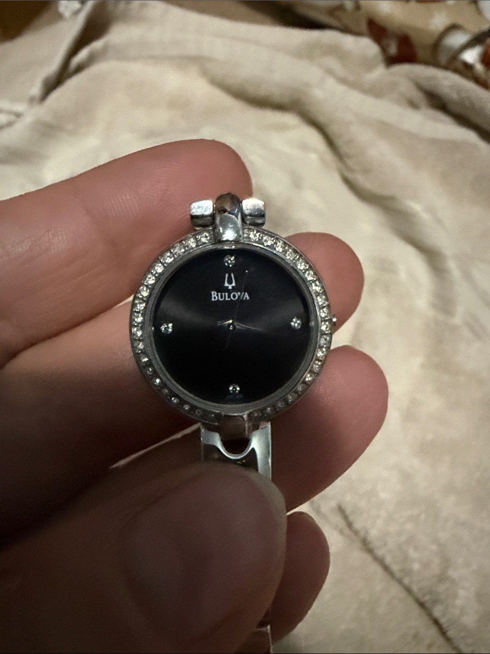 Bulova Silver-Tone Bracelet Watch with Black Crystal Dial